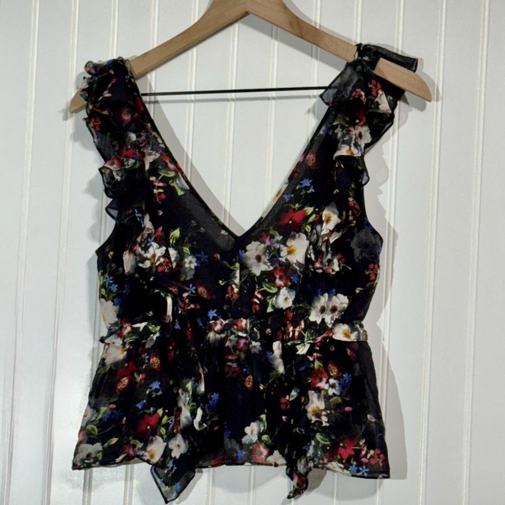 Marissa Webb 100% Silk Floral Ruffle V-Neck Peplum Top Black Multicolored Small